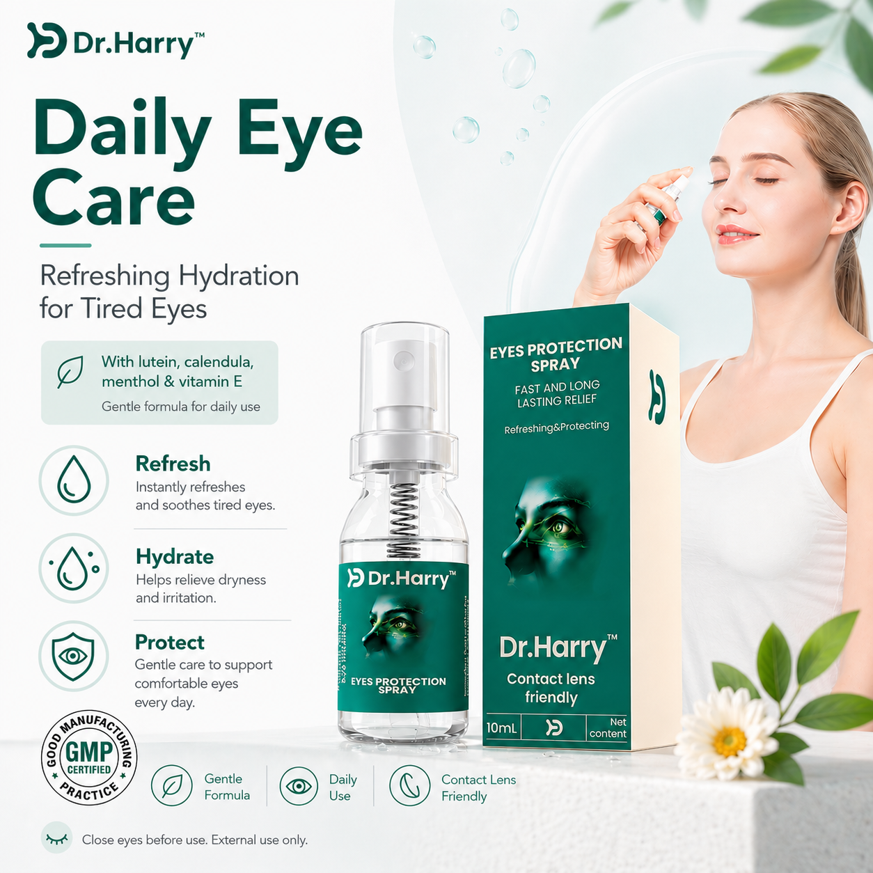 DR.HARRY Lutein Eye Spray bottle — spray-on-closed-eyes dry eye relief formula