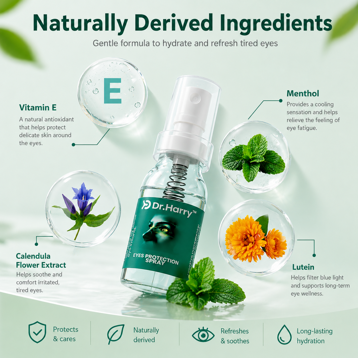 DR.HARRY Eye Spray how to use — spray onto closed eyelids from 10cm, up to 4 times daily